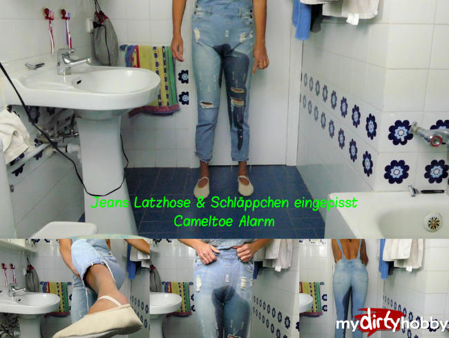 Jeans Latzhose und Schläppchen eingenässt, Cameltoe Alarm