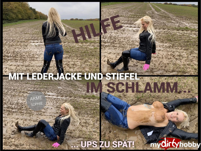 Hilfe im Schlamm - mit Lederjacke und Stiefel geil eingesaut und eingenässt